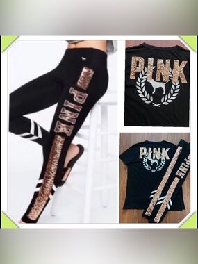 VS pink Rosegold bling Tshirt/ Yoga pants XL/L